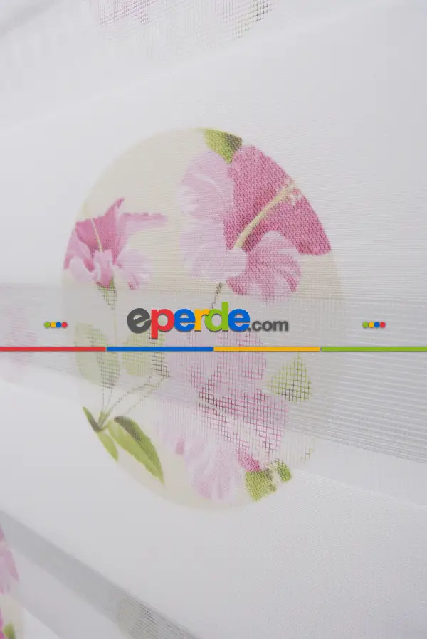 Çiçekli Desen Zebra Perde- Pembe-beyaz Buz Beyazı