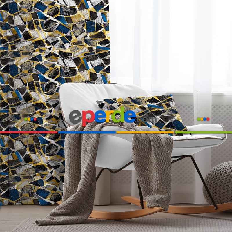 Oturma Odası Fon Perde Evim736 Kumaşı Kalındır Duck Bezi Değildir- Mavi-beyaz