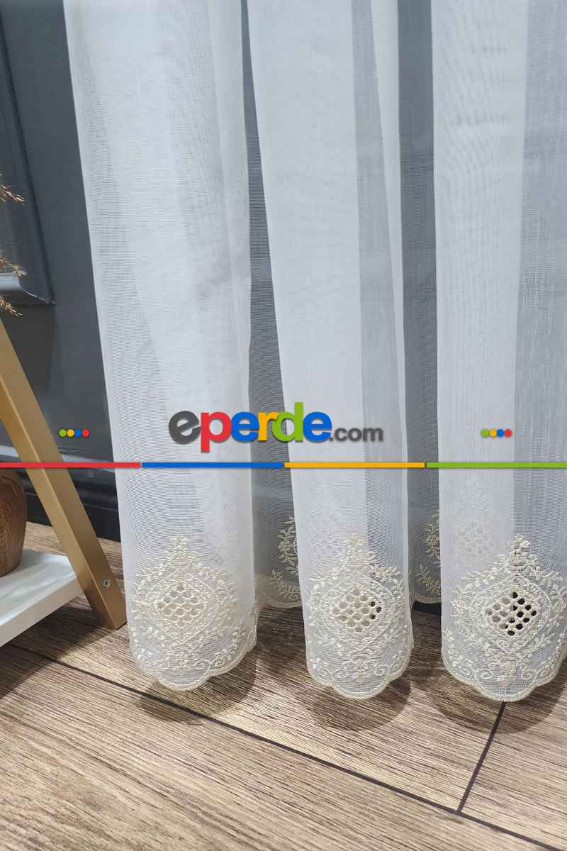 Salon Tül - Gold Altın Bohre Damask İşlemeli Salon Model Tasarım Pileli Tül Perde