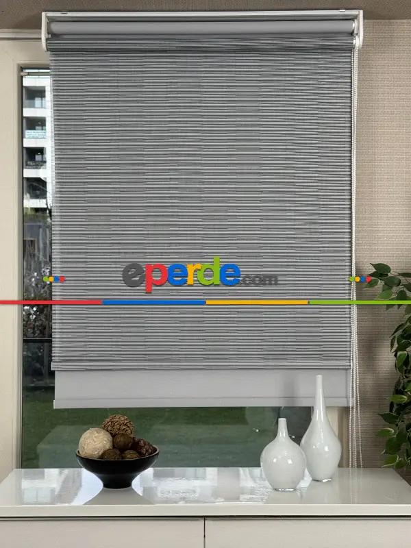 Gri Çiftli Sistem Tül Stor Perde, Standart Metal Kasalı Yüksek Kalite Kornişe Kolay Montaj Seçenekli