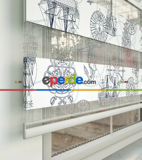 Bebek Odası Zebra Perde - Gemi Baskılı Zebra Perde- Gri-Füme-Antrasit-Beyaz