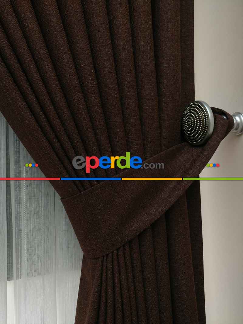 Keten Koyu Kahve Renk Düz Fon Perde- Kahve Koyu