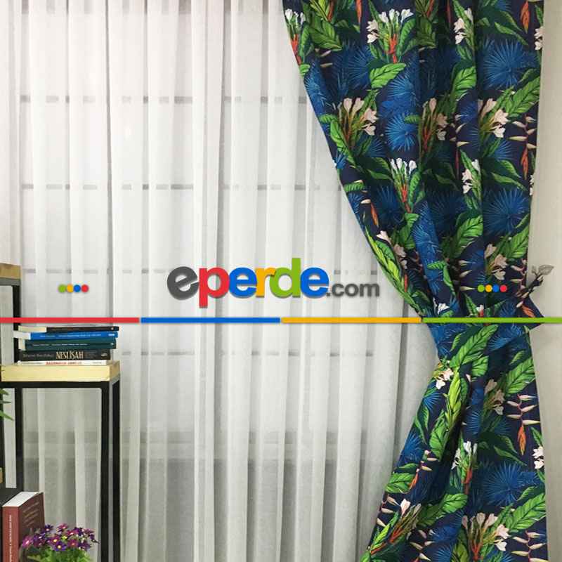 Tropikal Desenli Fon Perde Evm1107 Kumaşı Kalındır Duck Bezi Değildir- Yeşil-Beyaz