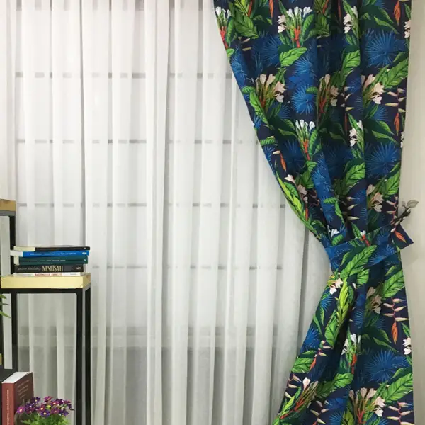 Salon Fon - Tropikal Desenli Fon Perde Evm1107 Kumaşı Kalındır Duck Bezi Değildir- Yeşil-Beyaz