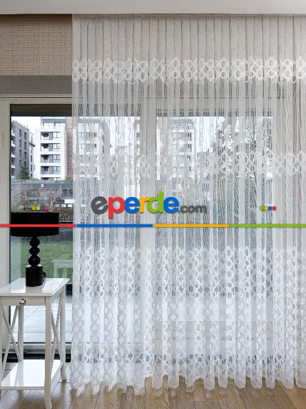 Salon - Desenli Fransız Dantel Örme Tül Perde, Desenli Ütü İstemeyen Tül