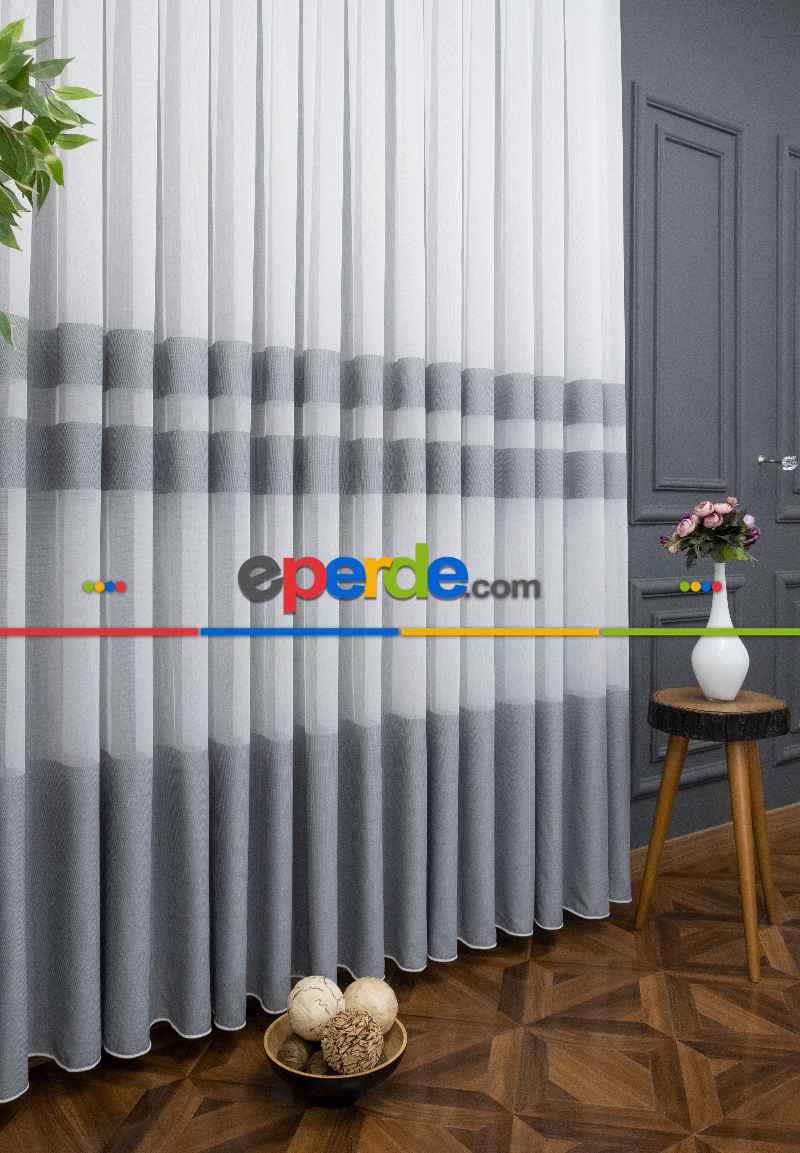 Mutfak Tül - Modern Bantlı Gri Tül - Yüksek Kalite Tül - Enine Çizgili