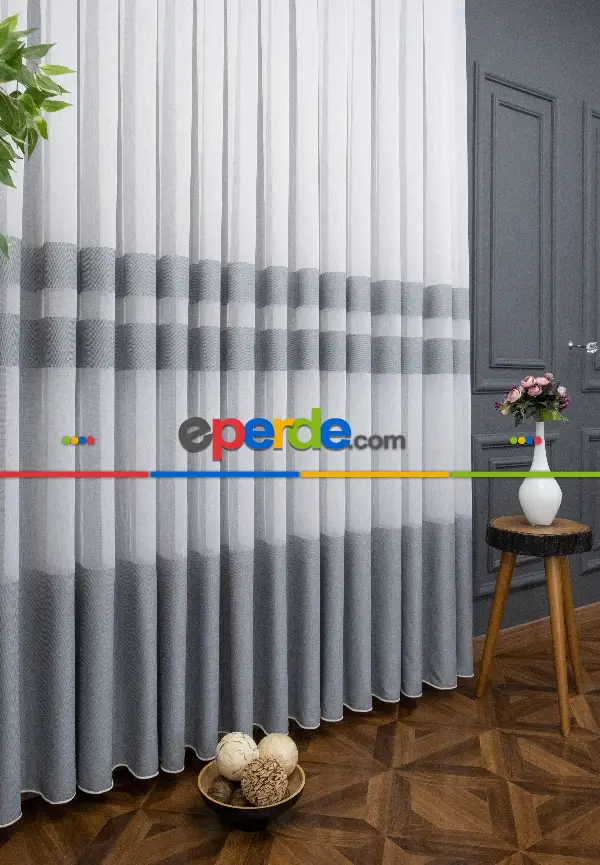 Salon Tül Perde - Modern Bantlı Gri Tül - Yüksek Kalite Tül - Enine Çizgili