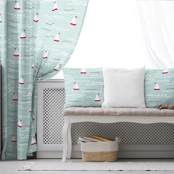 Çocuk Odası - Gemi Desenli Fon Perde Evim670 Kumaşı Kalındır Duck Bezi Değildir- Mavi-beyaz