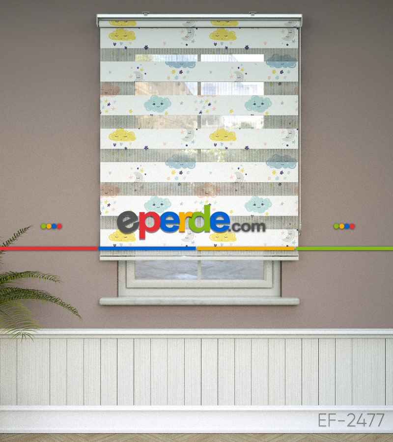 Bulut Desenli Baskılı Zebra Perde- Çok Renkli