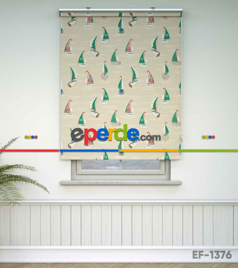 Genç Odası - Denizci Desenli Baskılı Stor Perde- Yeşil-kırmızı-çok Renkli