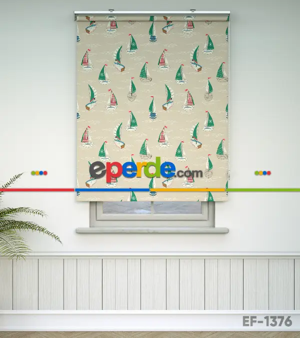 Denizci Desenli Baskılı Stor Perde- Yeşil-kırmızı-çok Renkli