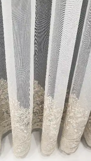 Açelya Keten Tül Perde Sepme Damask Desenli Gold Altın Rengi Nakış İşlemeli Tül