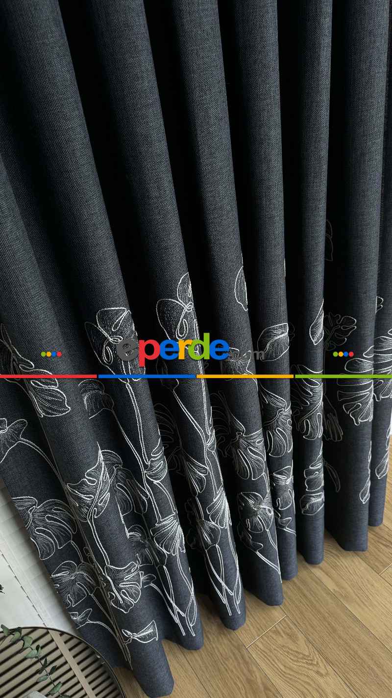 Antrasit Gri Palmiye Yaprak Desen Premium Keten Jakar Dokuma Nakışlı Pano Fon Perde - Gramajlı 2025