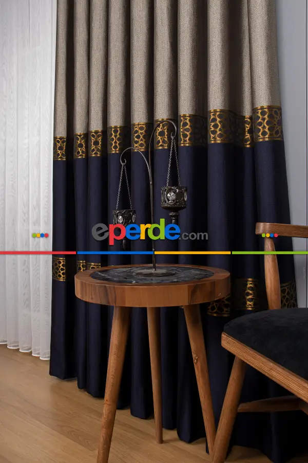 Modern Pano Fon Perde - Lacivert - Altın -vizyon 50cm X 1cm 