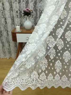 Ekru Serpme Damaks Desenli Örme Tül Perde - Ekru