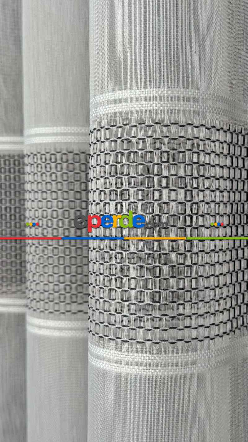 Yatak Odası - Gri Beyaz Bambu Bantlı Düz Tül Perde