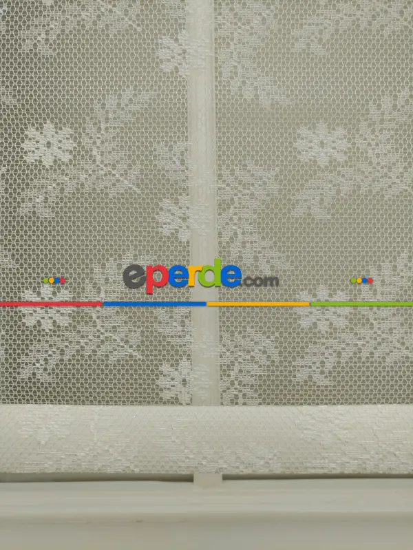 Jakar Örme Tül- Ekru Çiftli Sistem Dantel Desenli Perde- Ekru