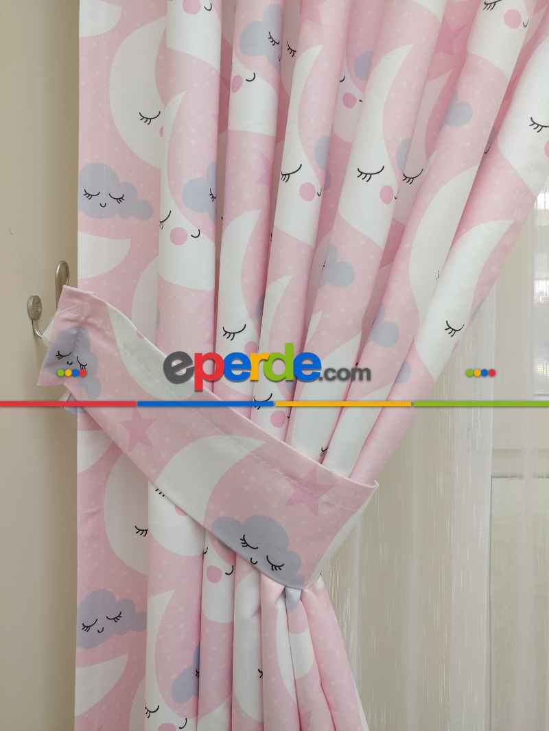 Kız Çocuk Odası Fon Perde - Ay Dede Desenli Fon Perde Modelleri - Pembe Mavi