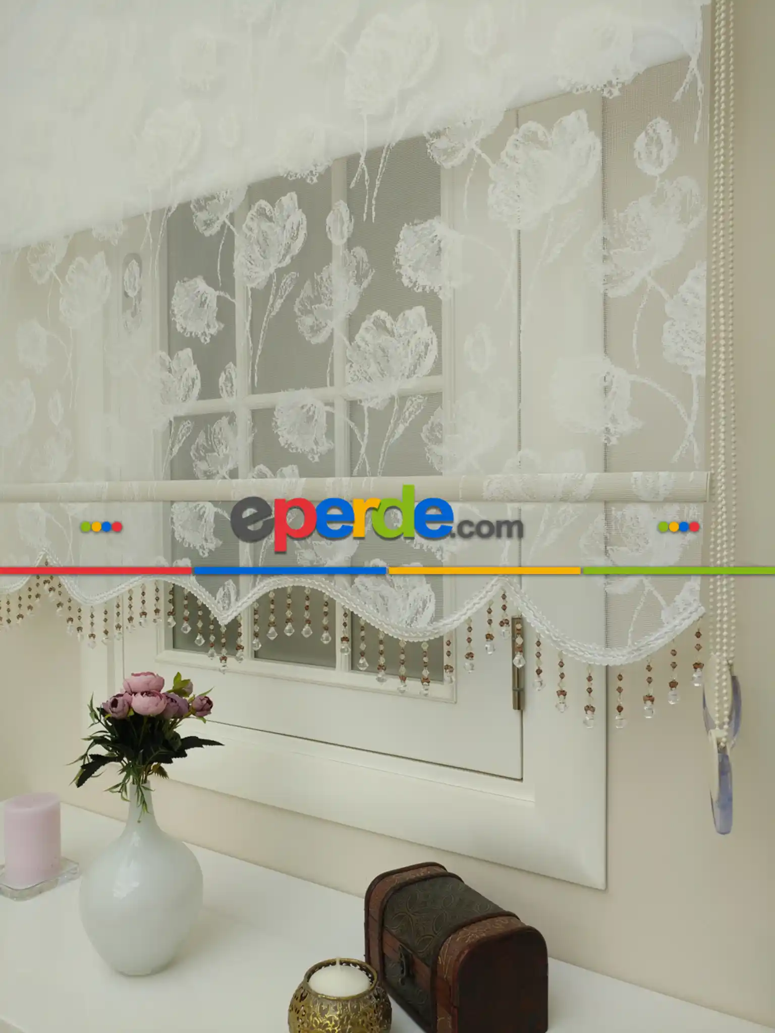 Yatak Odası - Çiftli Sistem Tül Ve Stor Perde - Lale Desen- Krem Açık-ekru