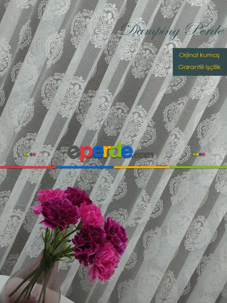 Serpme Damask Desen Salon Fransız Dantel Tül Perde 