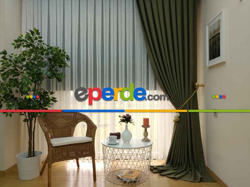 Keten Koyu Haki Yeşil Renk Düz Fon Perde - Haki