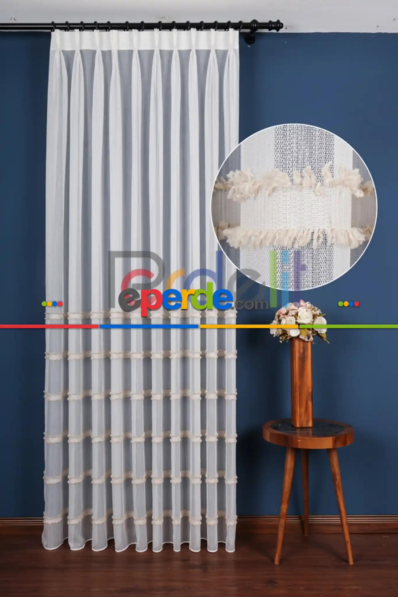 Enine Bantlı Ekru-krem Püskül Detaylı Bambu Zemin Tül Perde