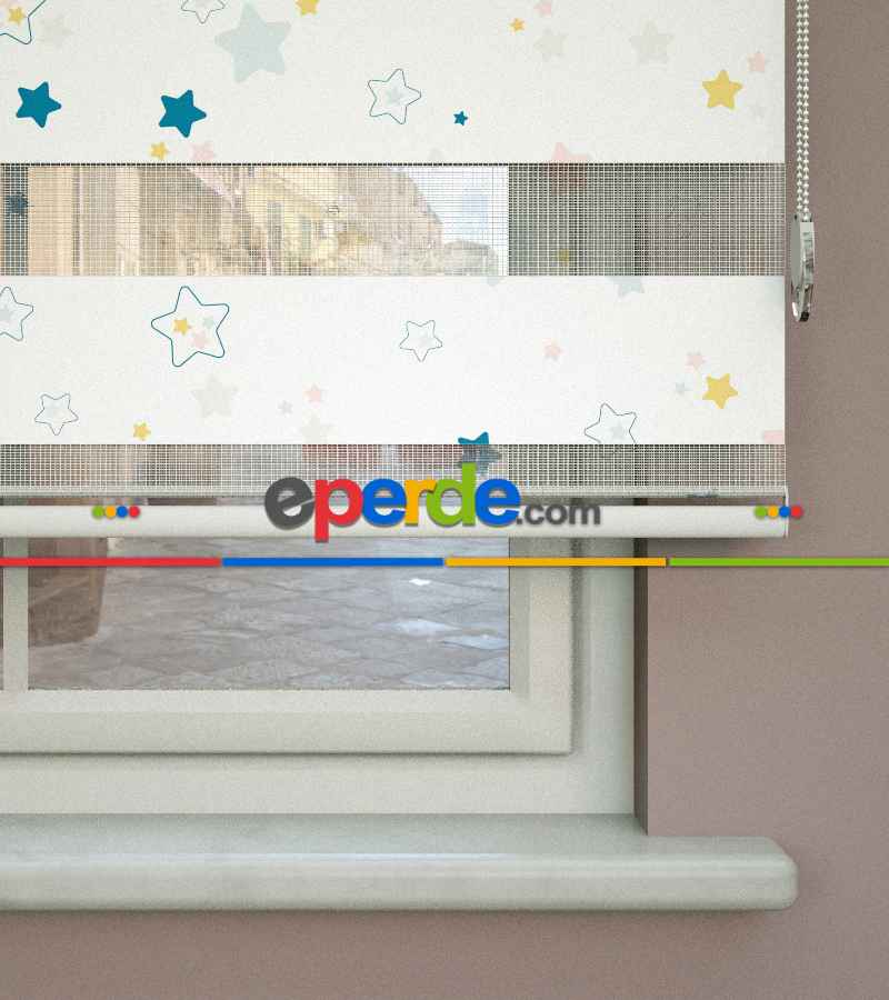 Yıldız Desenli Baskılı Zebra Perde- Çok Renkli