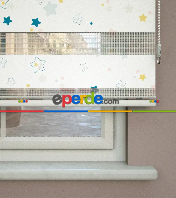 Yıldız Desenli Baskılı Zebra Perde- Çok Renkli