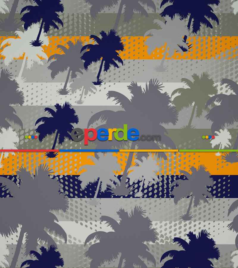 Palmiye Desenli Baskılı Stor Perde- Gri-füme-antrasit-turuncu-çok Renkli