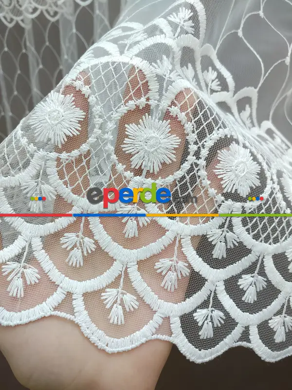 Brode İşlemeli Nakışlı Tül Perde (280)- Ekru