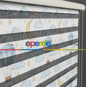 Bulut Desenli Zebra Perde- Beyaz