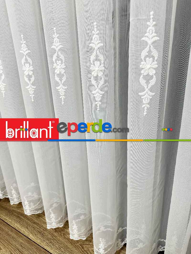 Brillant Ayna Desen Beyaz İşlemeli Tül Perde