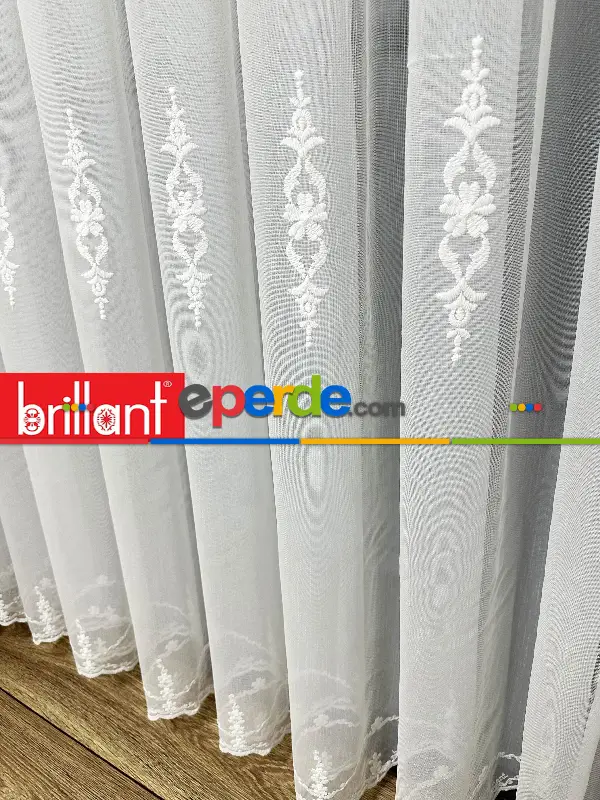 Brillant Ayna Desen Beyaz İşlemeli Tül Perde