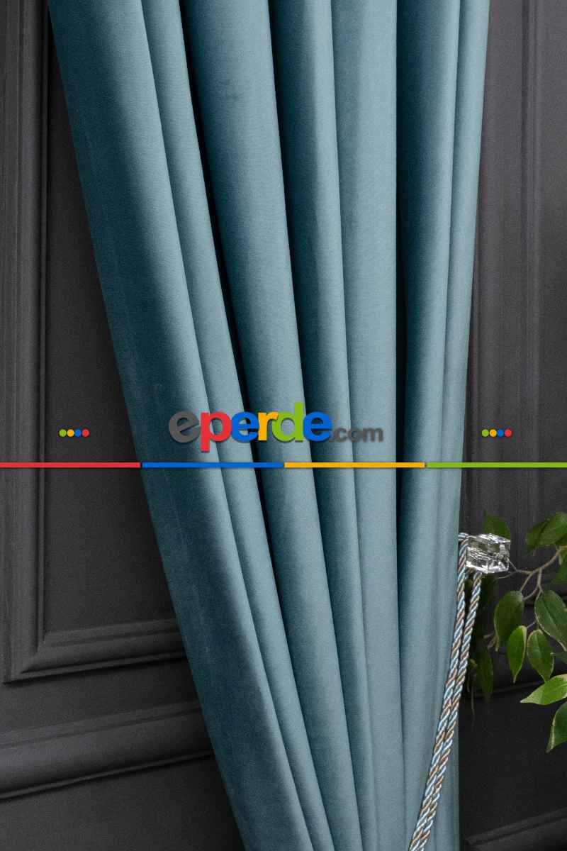 Yatak Odası - İthal Kadife Fon Perdelik Geniş Enli ( Turkuaz)