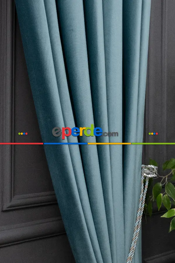 Yatak Odası - İthal Kadife Fon Perdelik Geniş Enli ( Turkuaz)