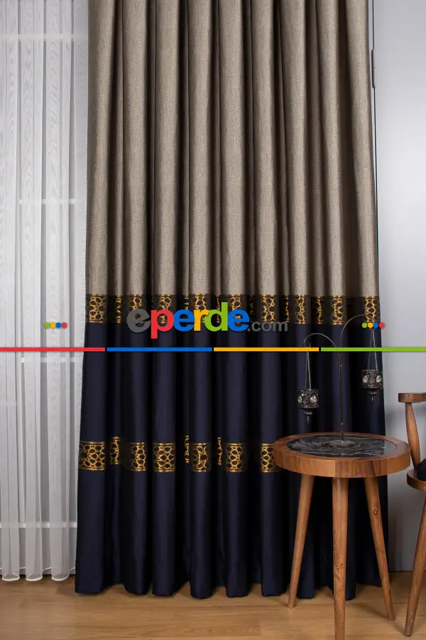 Modern Pano Fon Perde - Lacivert - Altın -vizyon 50cm X 1cm 