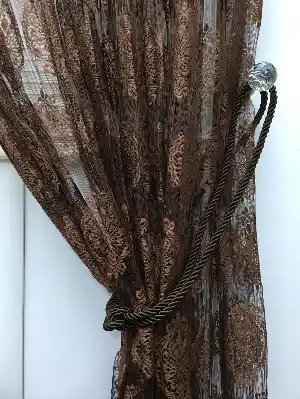 Kahverengi Damask Desen İp Tül Fon Perde - Kordon Bağcıklı Gönderilmektedir- Kahverengi