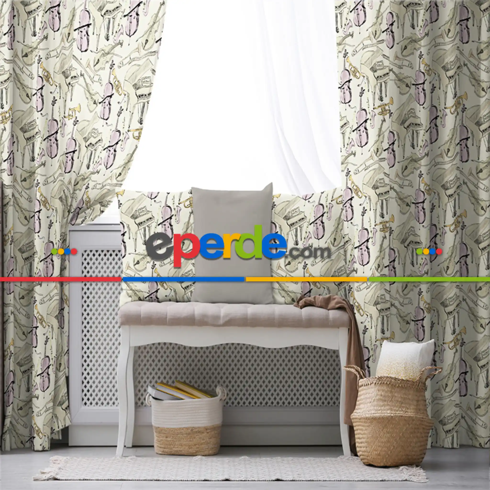 Müzik Desenli Fon Perde Evim649 Kumaşı Kalındır Duck Bezi Değildir- Mavi-beyaz