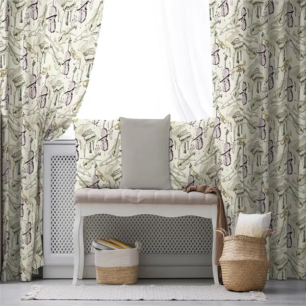 Müzik Desenli Fon Perde Evim649 Kumaşı Kalındır Duck Bezi Değildir- Mavi-beyaz