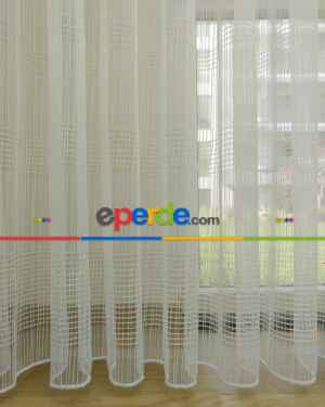 Çizgili Beyaz Tül Perde- Ekru - Kurşunlu Tül