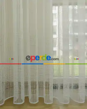 Çizgili Beyaz Tül Perde- Ekru - Kurşunlu Tül