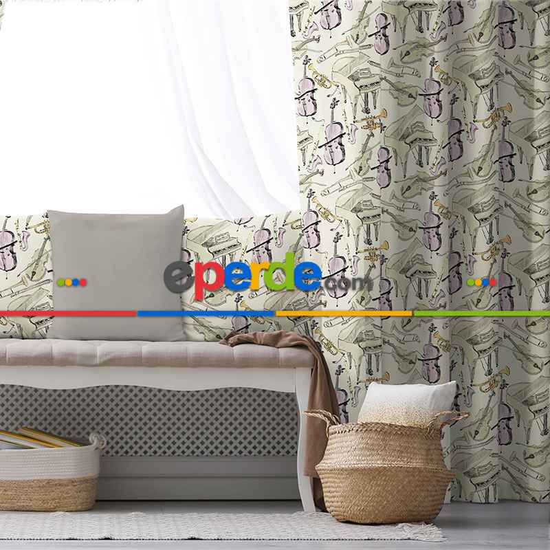 Müzik Desenli Fon Perde Evim649 Kumaşı Kalındır Duck Bezi Değildir- Mavi-beyaz