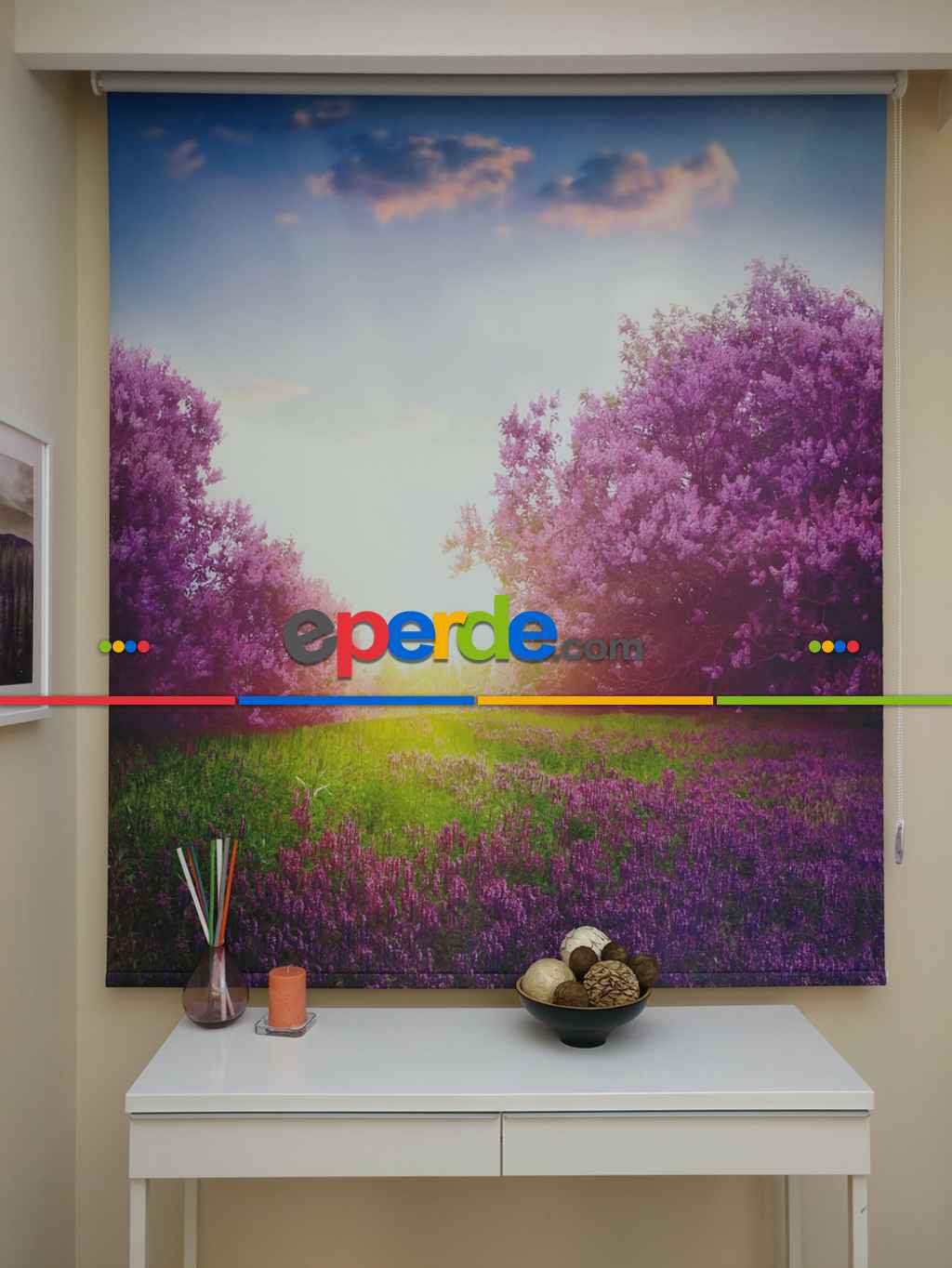 İlkbahar Temalı Doğa Manzaralı Baskılı Stor Perde 5 Kat Daha Canlı U.v. Baskı- Yeşil-Mavi-Mor