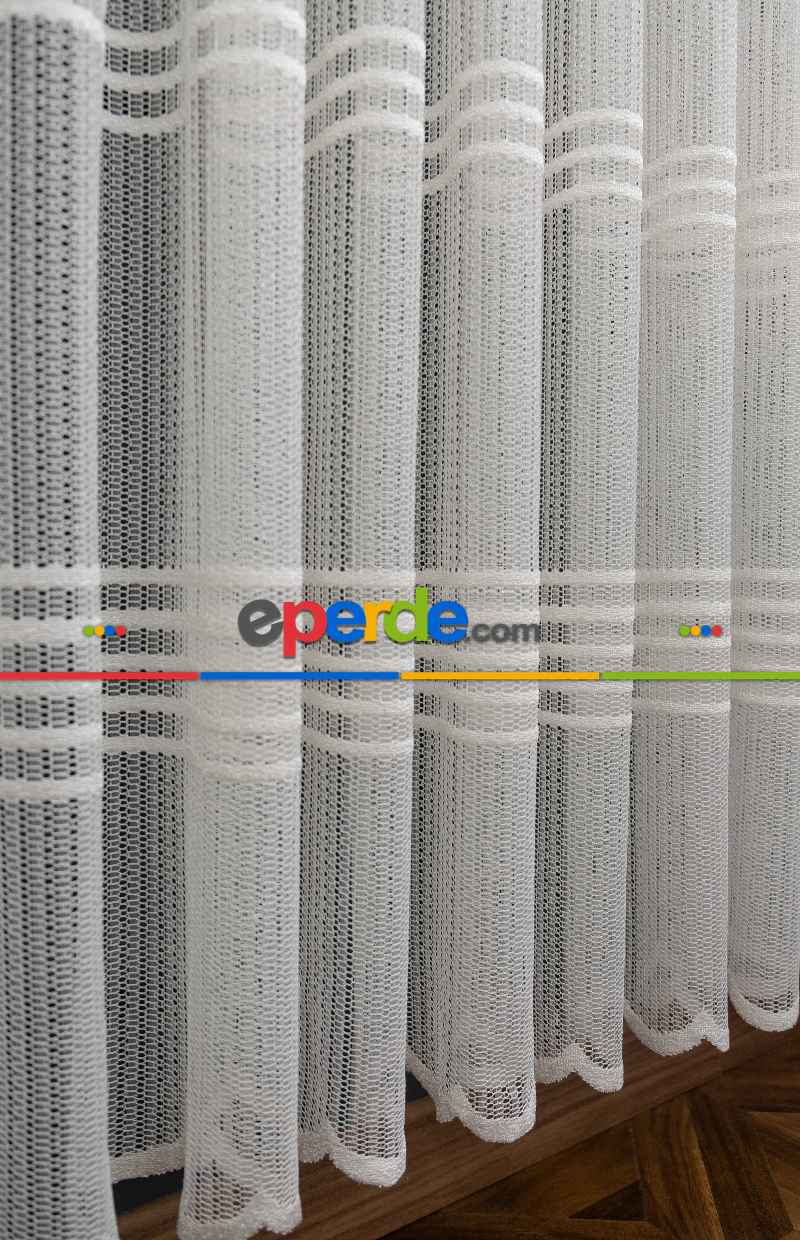 Yatak Odası - Clara Enine Bantlı Örme Tül Perde - Ekru -( Ütü İstemez )