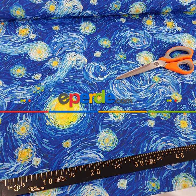 Van Gogh Yıldızlı Gece Desenli Fon Perde Evm679 Kumaşı Kalındır Duck Bezi Değildir- Mavi-Sarı-Beyaz-Mavi Açık-Mavi Koyu