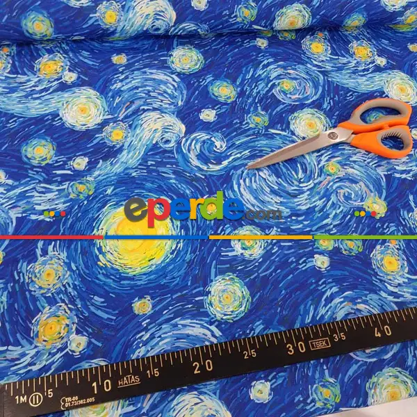 Van Gogh Yıldızlı Gece Desenli Fon Perde Evm679 Kumaşı Kalındır Duck Bezi Değildir- Mavi-Sarı-Beyaz-Mavi Açık-Mavi Koyu