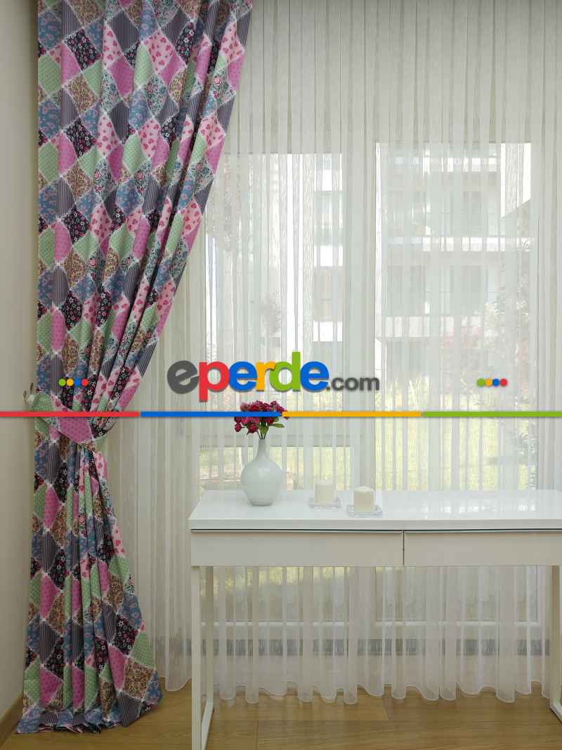 Patchwork Desenli Bebek Ve Çocuk Odası Fon Perde Modelleri- Beyaz-Pembe-Mor
