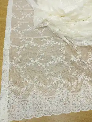 Ekru Örme Çiçek Desenli Tül Perde- Ekru