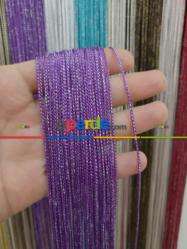 Eflatun Rengi İp Perde İnce Zincir Simli Serisi- Gümüş-eflatun