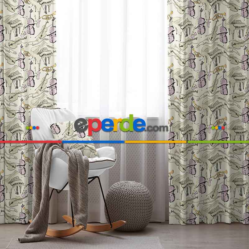 Müzik Desenli Fon Perde Evim649 Kumaşı Kalındır Duck Bezi Değildir- Mavi-beyaz